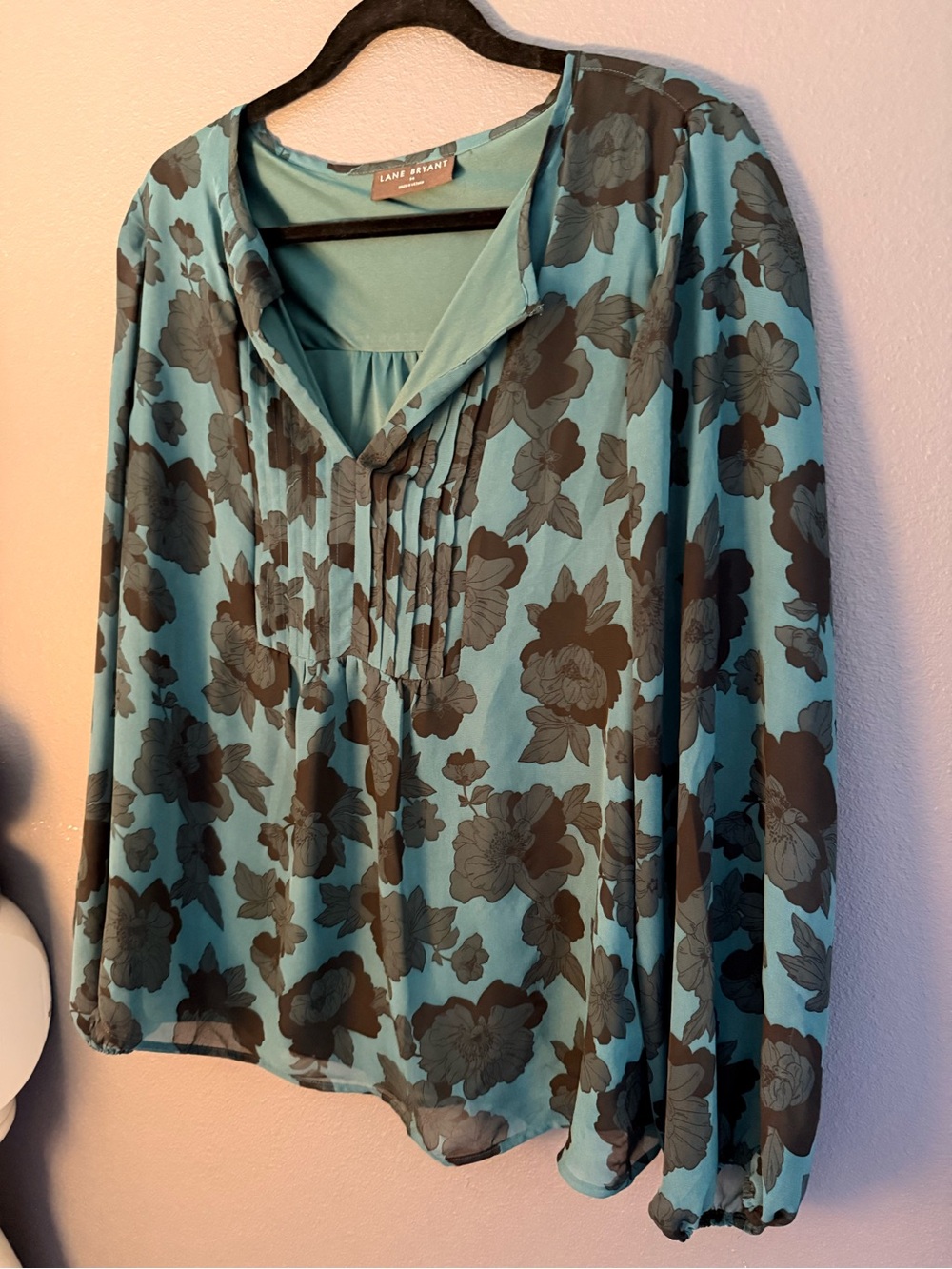 Lane Bryant Teal Floral Pintuck V-Neck Blouse